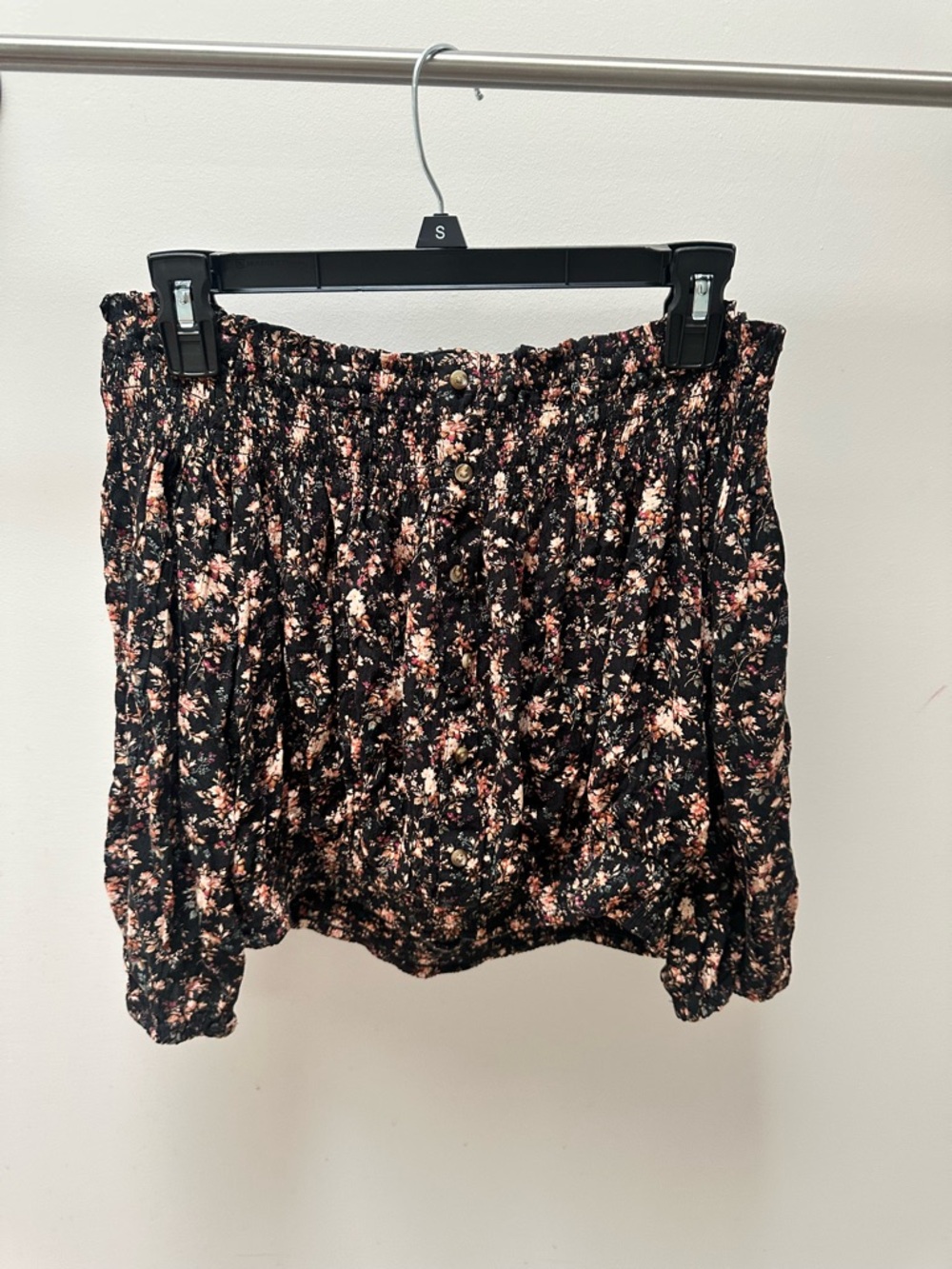 American Eagle Black Floral Smocked Peasant Top